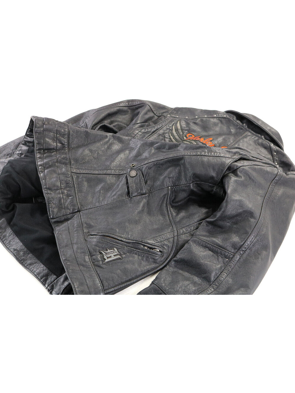 harley davidson jacket L TALL LT black leather armor pockets vents orange studs